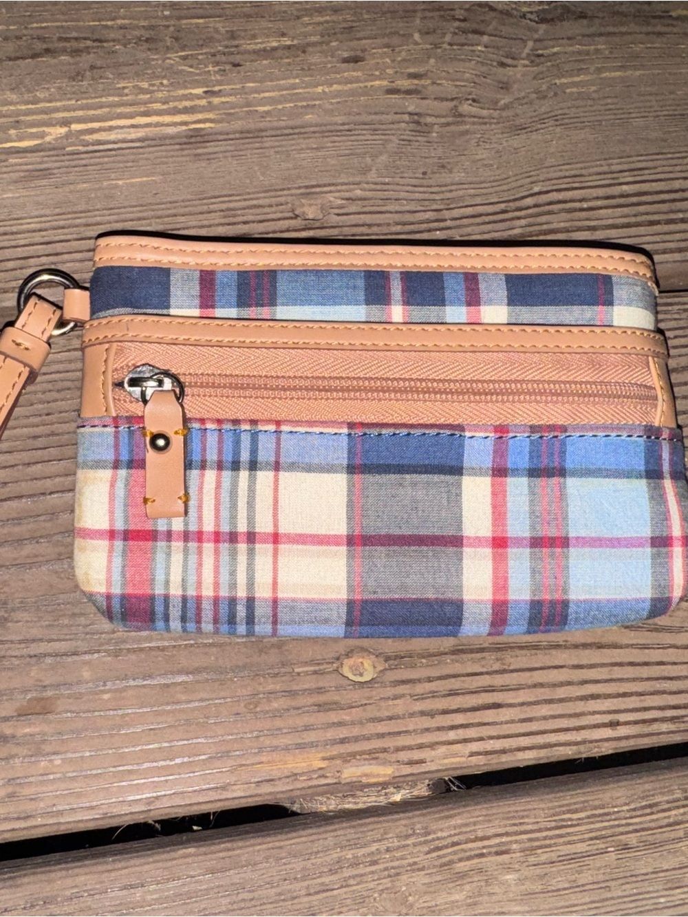 Tommy Hilfiger Plaid Wristlet Wallet Pouch Blue Pink Tan Zip Clutch